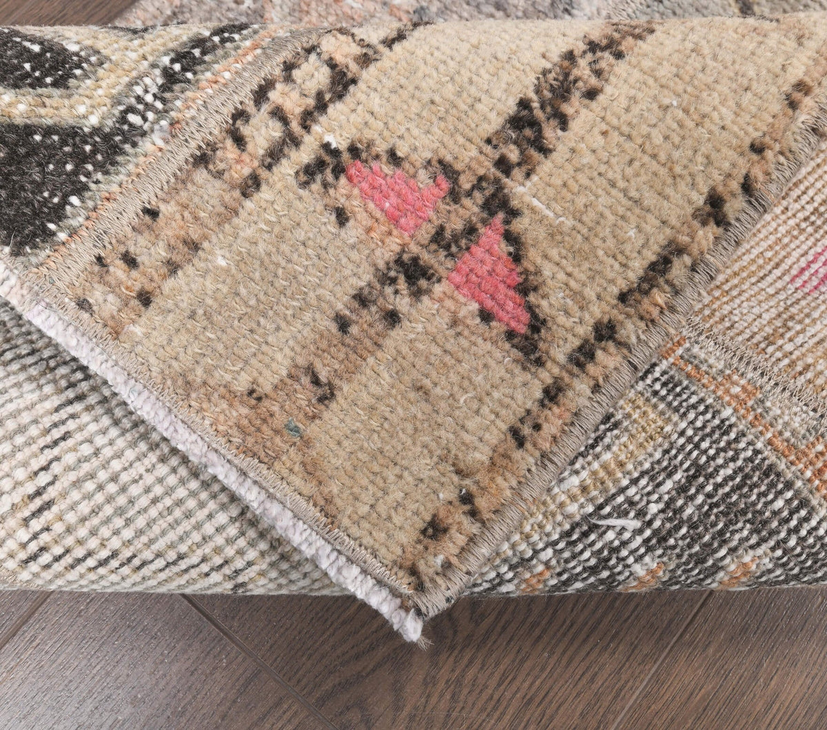 El yapımı vintage yolluk 58x180 cm patchwork desenli yün - kenar ve saçak detayı