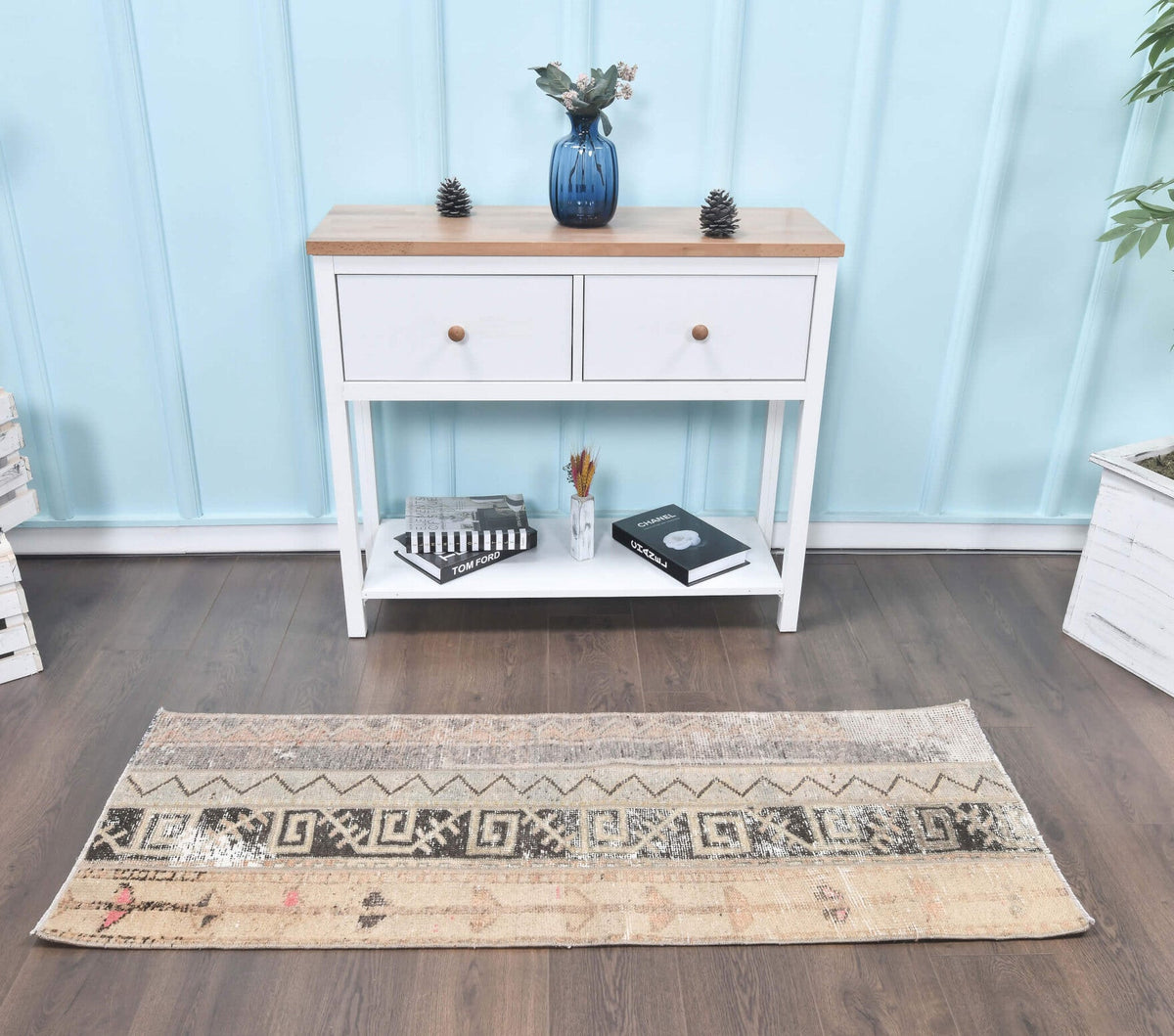 El yapımı vintage yolluk 58x180 cm patchwork desenli yün - üstten görünüm