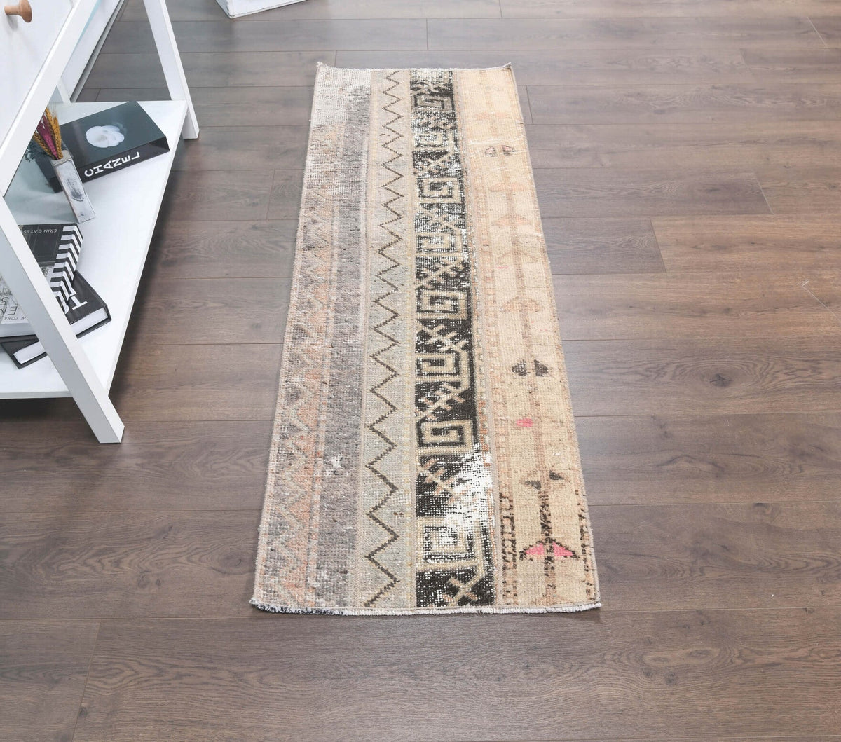 El yapımı vintage yolluk 58x180 cm patchwork desenli yün - açık alan görünümü