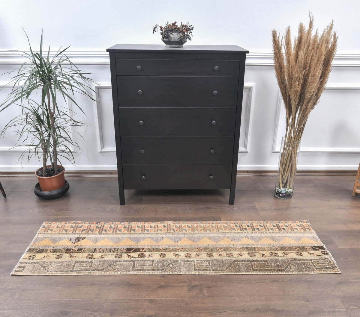 El yapımı vintage yolluk 51x183 cm i̇kat desenli yün - üstten görünüm