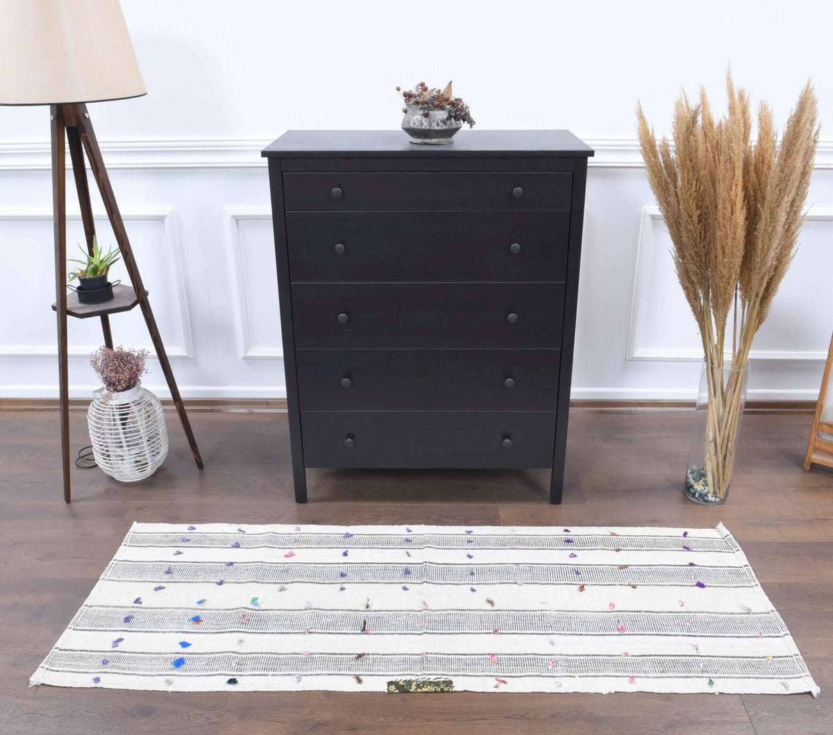 El yapımı vintage yolluk 66x185 cm kilim desenli yün - yakın çekim doku detayı