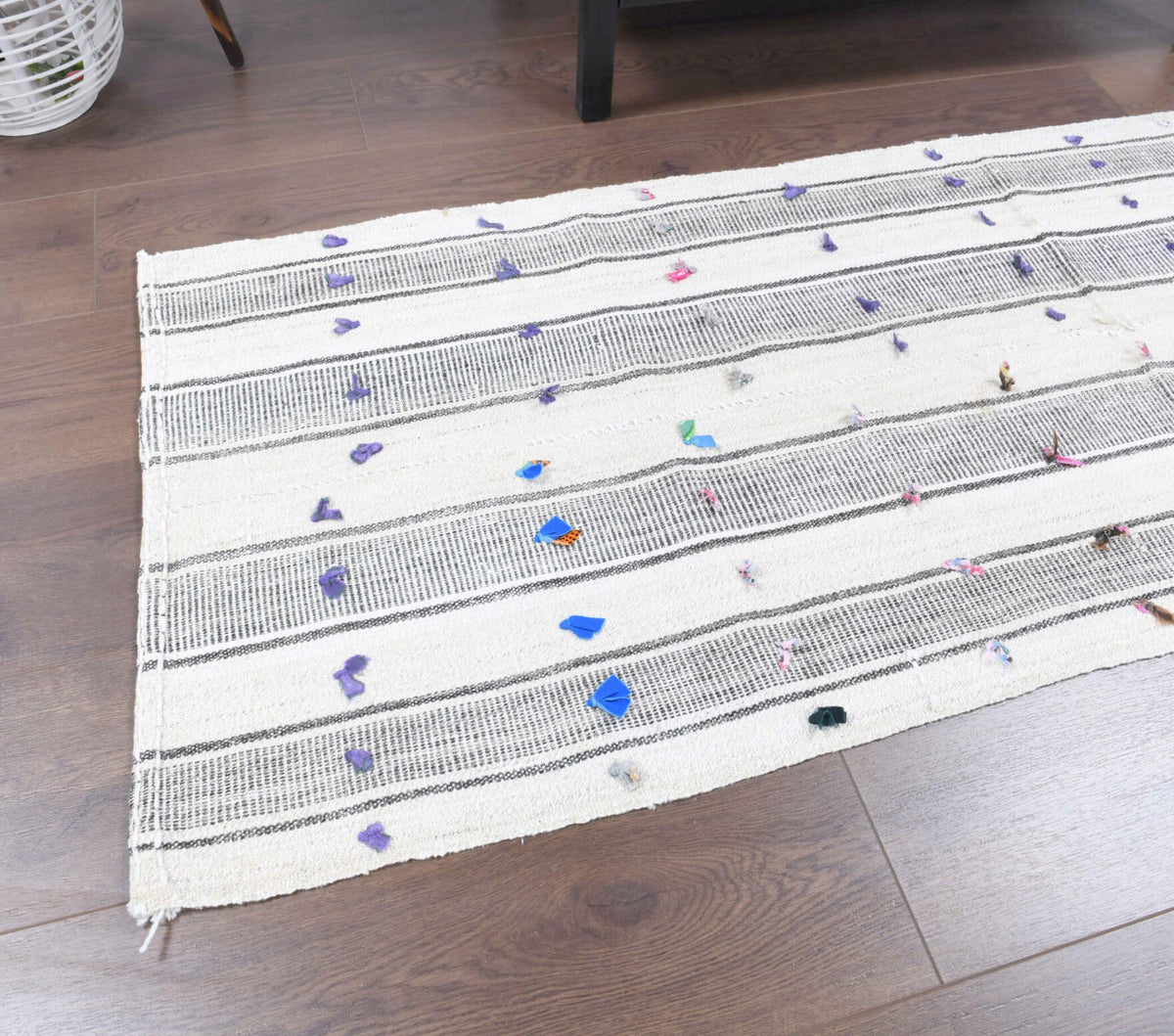 El yapımı vintage yolluk 66x185 cm kilim desenli yün - kenar ve saçak detayı