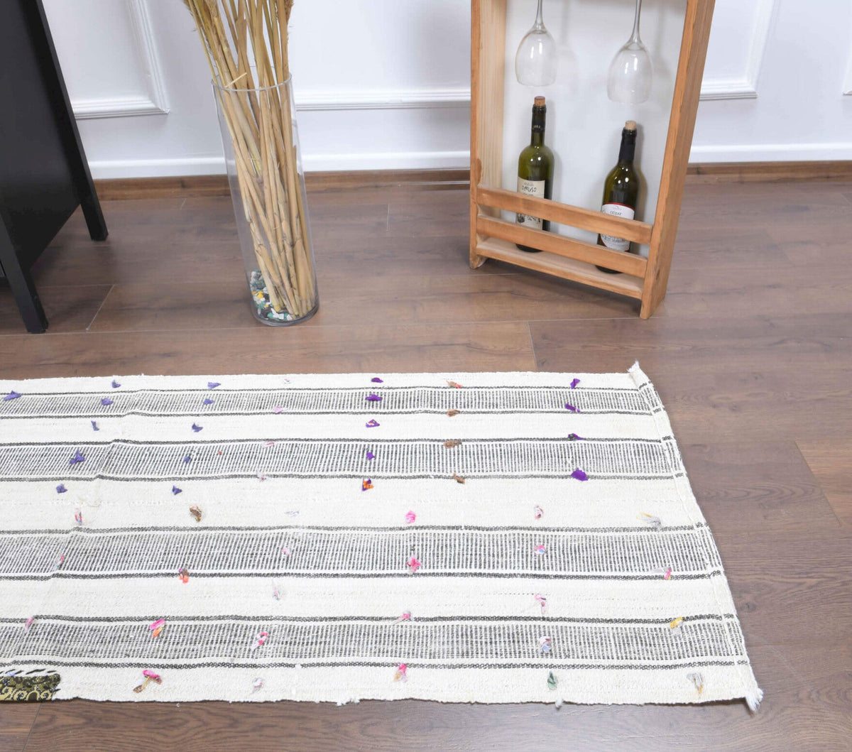 El yapımı vintage yolluk 66x185 cm kilim desenli yün - açık alan görünümü