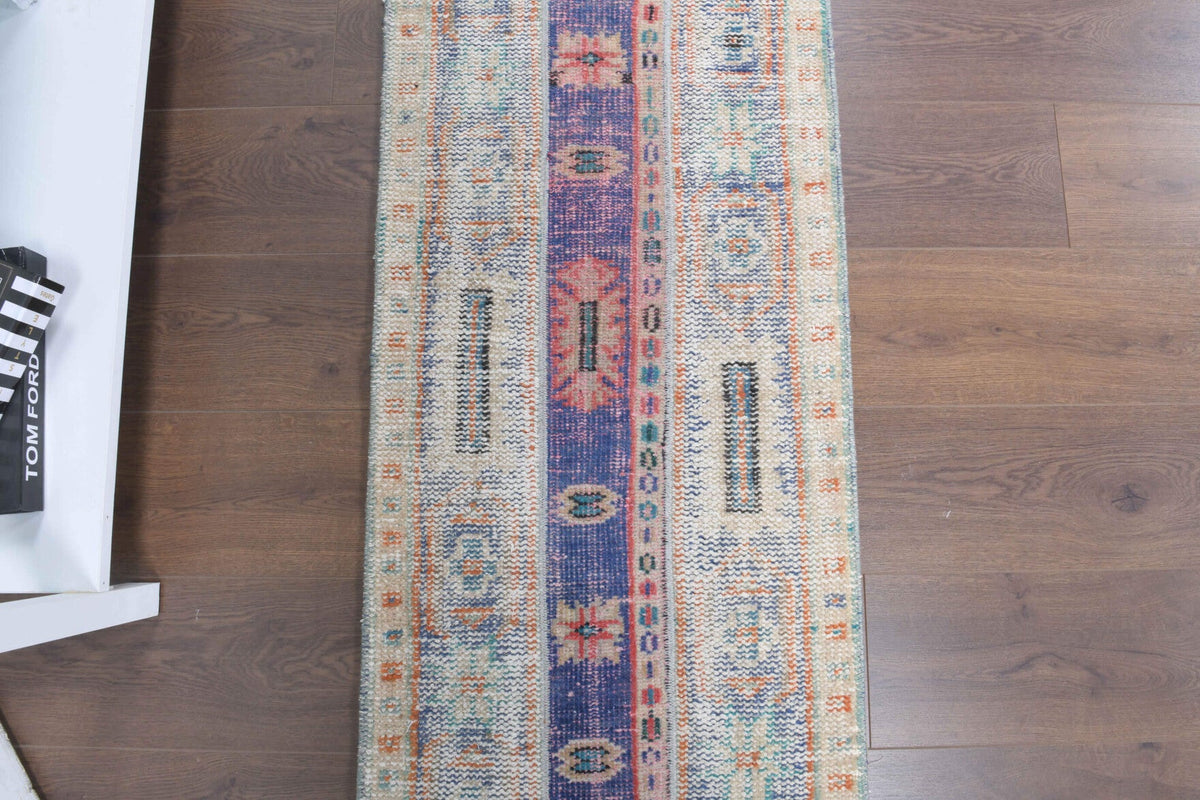 El yapımı vintage yolluk 56x226 cm i̇kat desenli yün - üstten görünüm