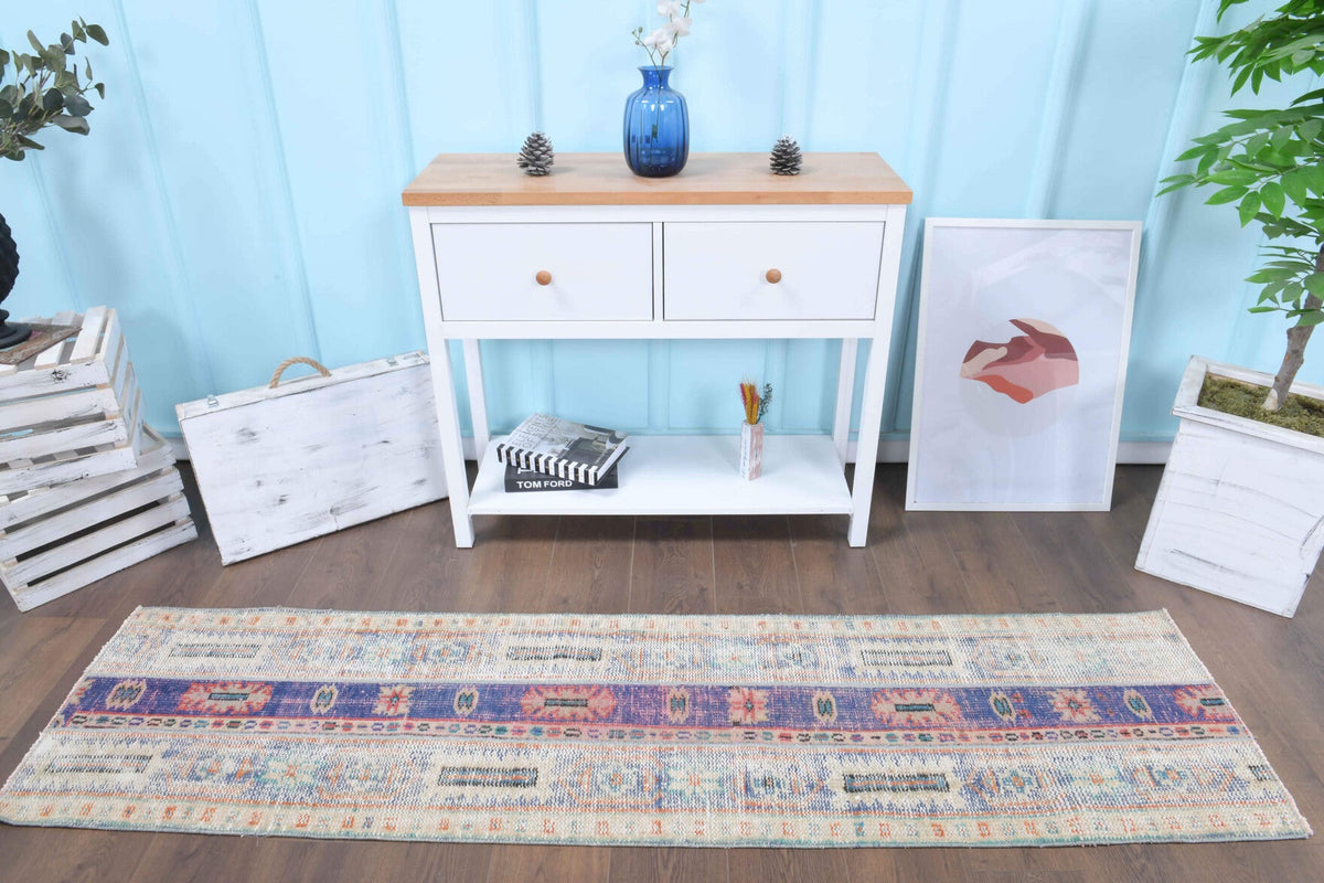 El yapımı vintage yolluk 56x226 cm i̇kat desenli yün - yakın çekim doku detayı