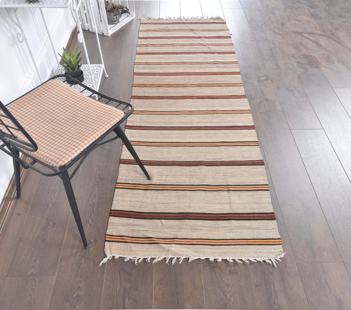 El yapımı vintage yolluk 74x216 cm çizgili desenli yün - kenar ve saçak detayı