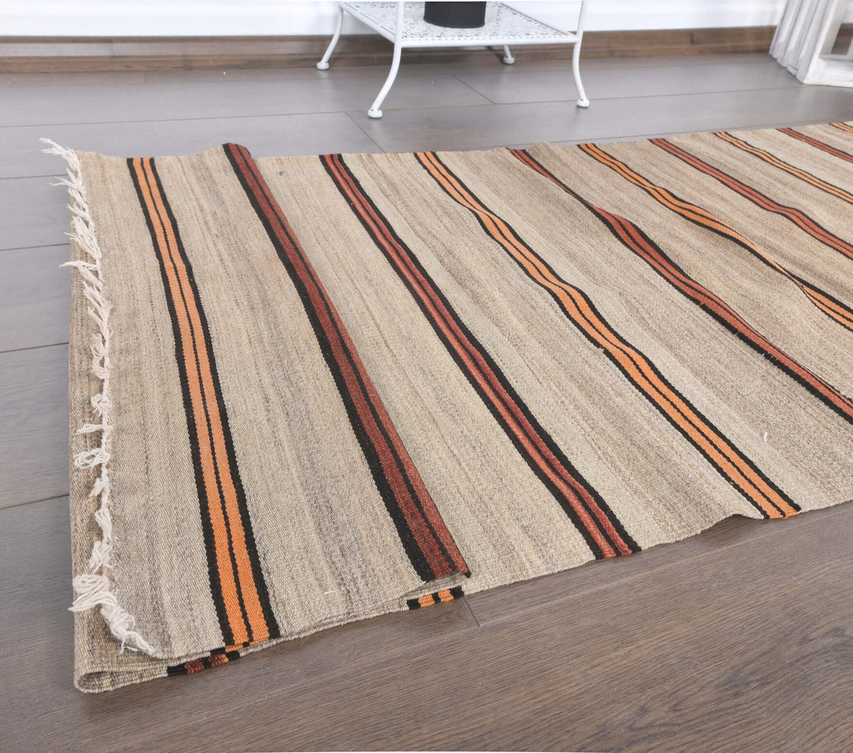 El yapımı vintage yolluk 74x216 cm çizgili desenli yün - üstten görünüm