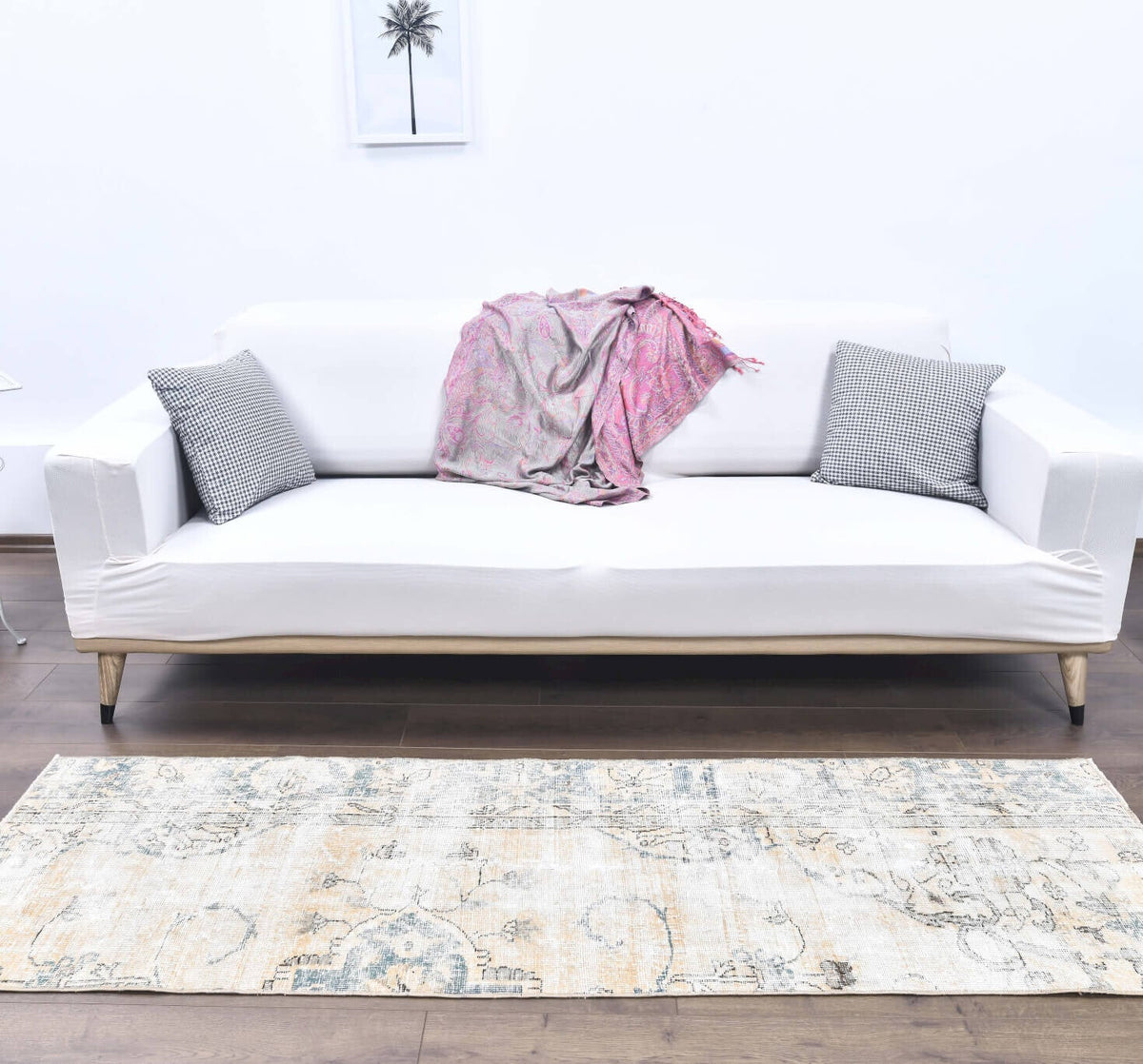 El yapımı vintage yolluk 71x216 cm çiçek desenli desenli yün - üstten görünüm