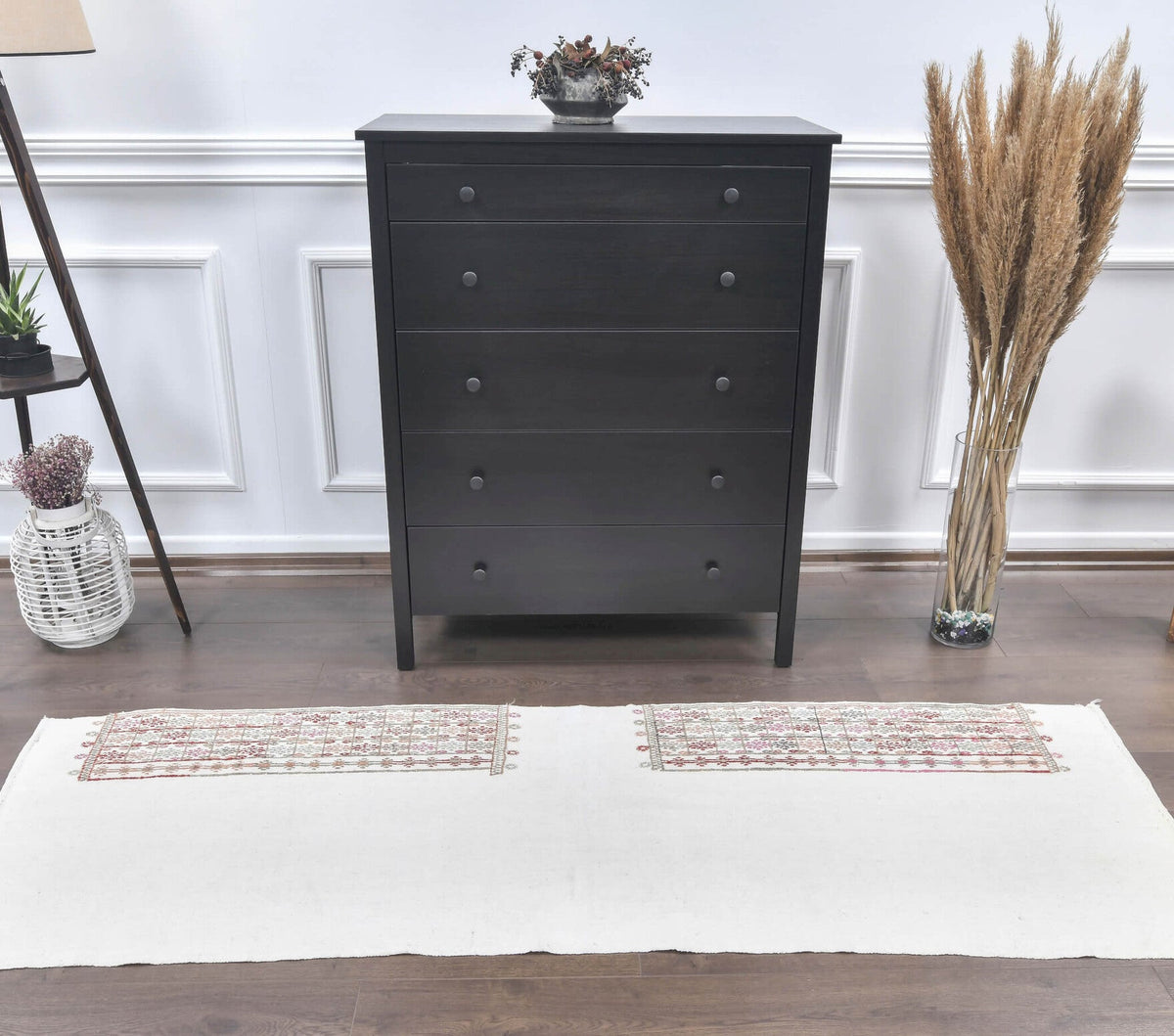 El yapımı vintage yolluk 71x216 cm düz desenli yün - yakın çekim doku detayı