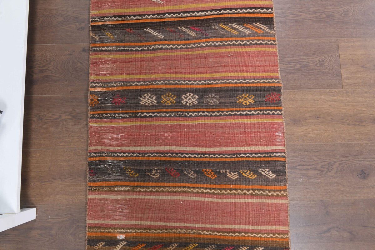 El yapımı vintage yolluk 71x224 cm çizgili desenli yün - kenar ve saçak detayı