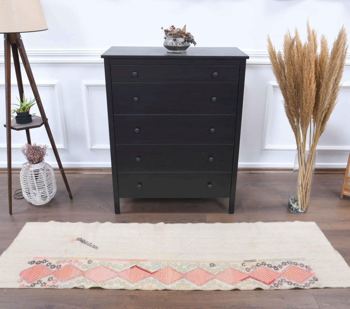 El yapımı vintage yolluk 61x208 cm düz desenli yün - yakın çekim doku detayı