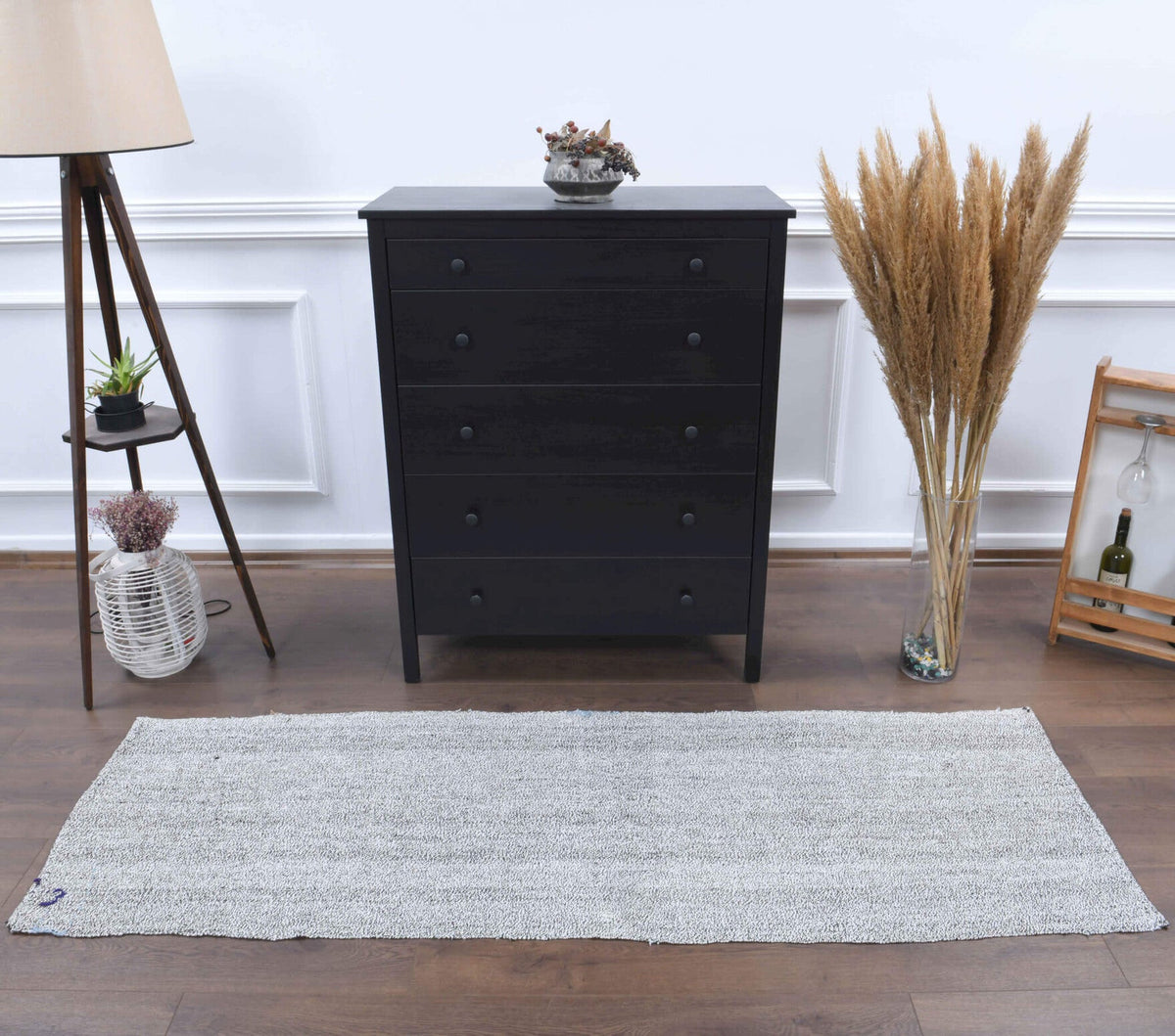El yapımı vintage yolluk 66x208 cm kilim desenli yün - detay görünümü