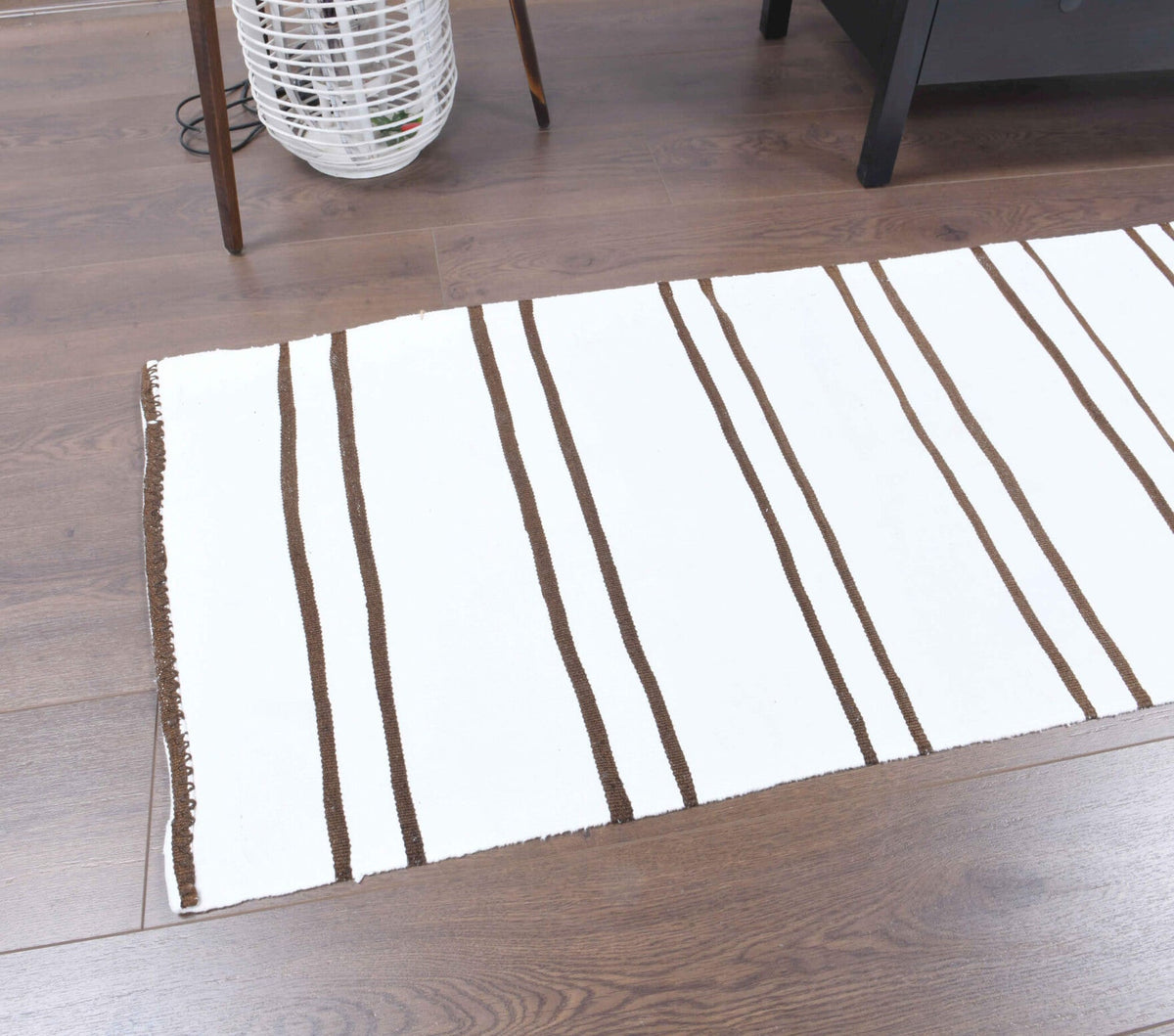 El yapımı vintage yolluk 58x201 cm çizgili desenli yün - kenar ve saçak detayı