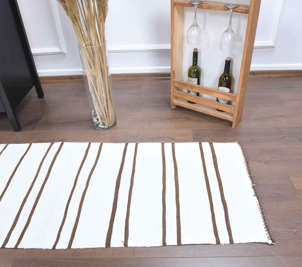 El yapımı vintage yolluk 58x201 cm çizgili desenli yün - açık alan görünümü