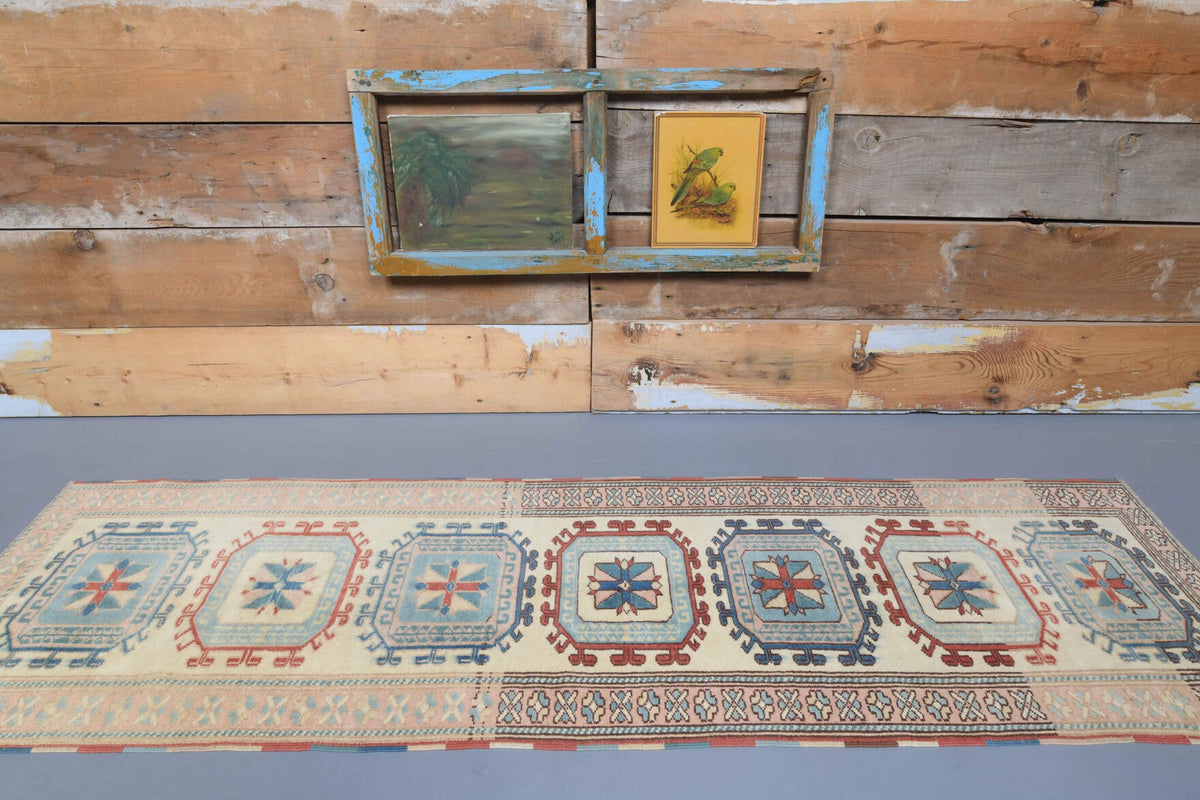 El yapımı vintage yolluk 74x244 cm bordürlü desenli yün - kenar ve saçak detayı