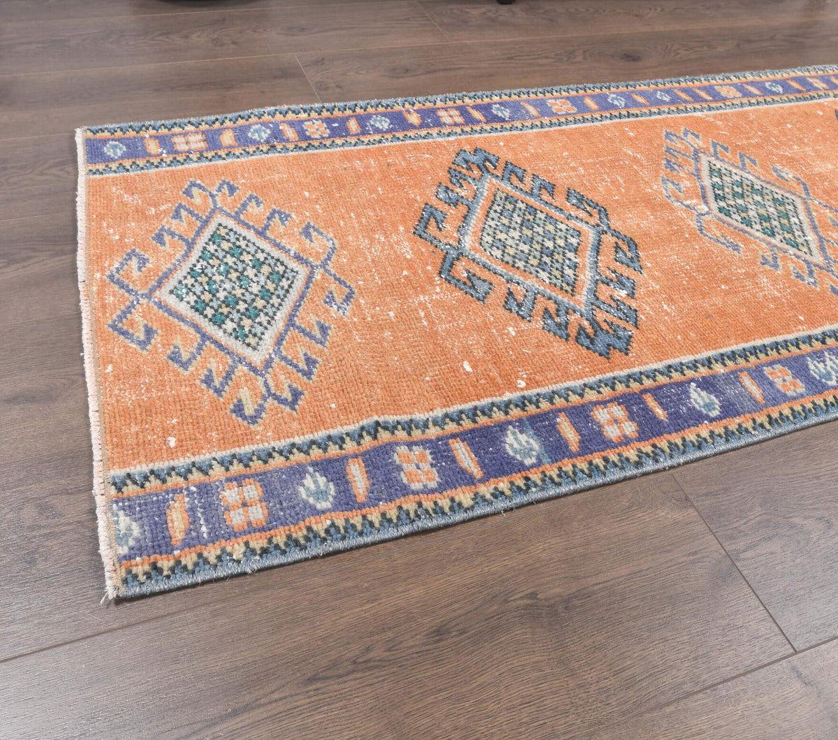 El yapımı vintage yolluk 71x246 cm geometrik desenli yün - kenar ve saçak detayı