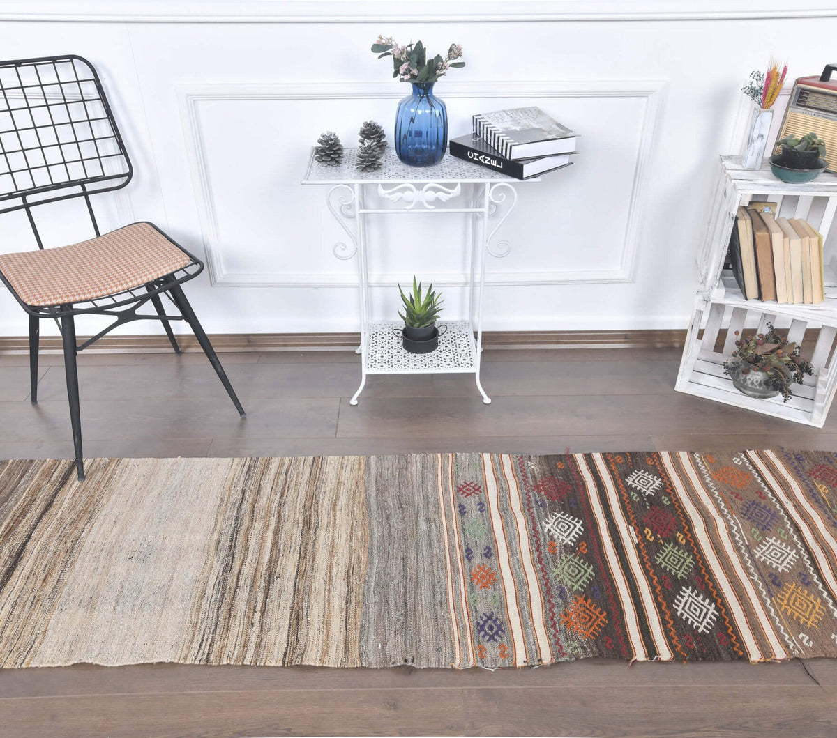 El yapımı vintage yolluk 64x249 cm kilim desenli yün - detay görünümü