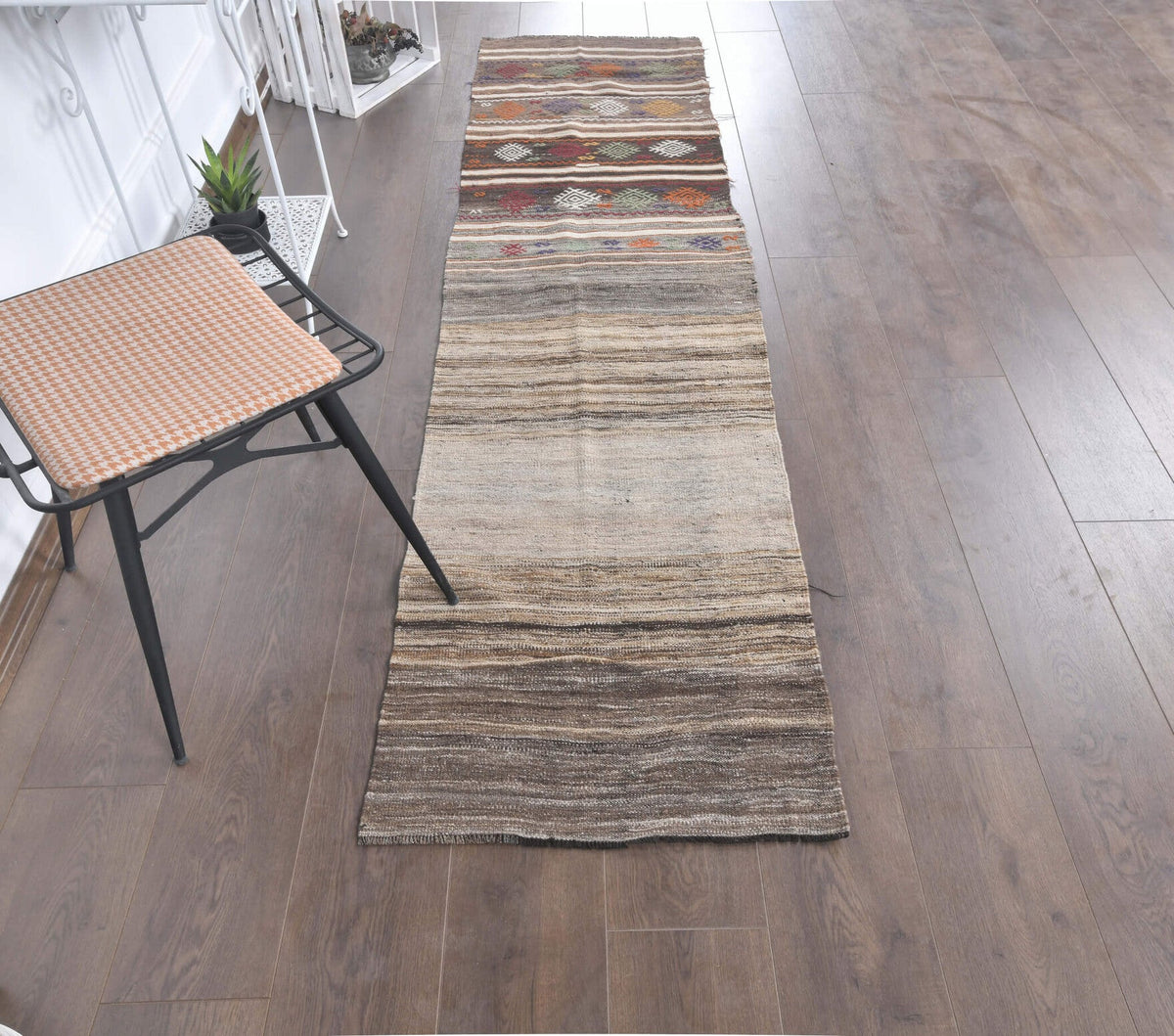 El yapımı vintage yolluk 64x249 cm kilim desenli yün - kenar ve saçak detayı