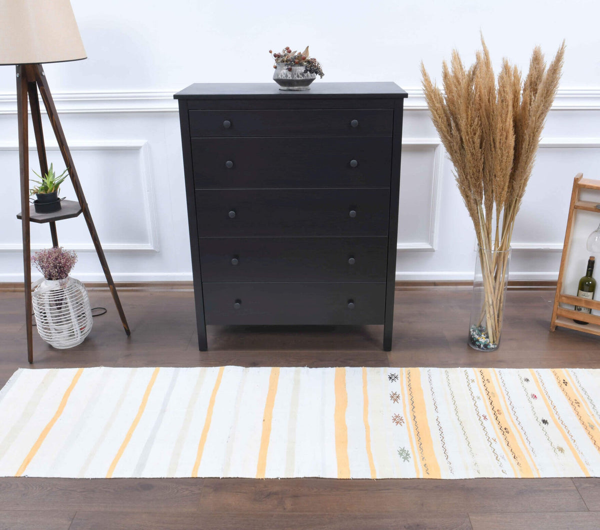 El yapımı vintage yolluk 66x254 cm çizgili desenli yün - yakın çekim doku detayı
