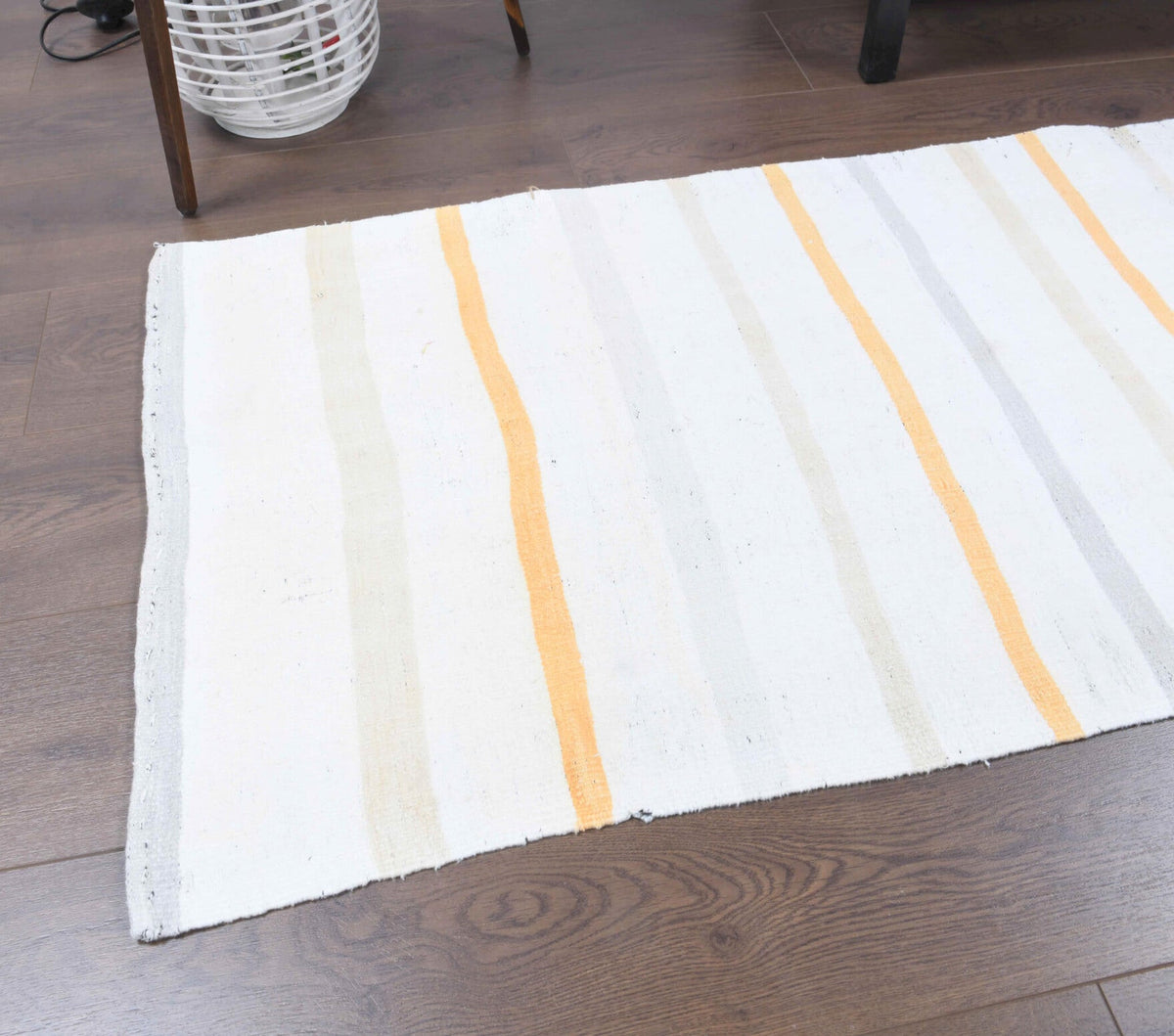 El yapımı vintage yolluk 66x254 cm çizgili desenli yün - kenar ve saçak detayı