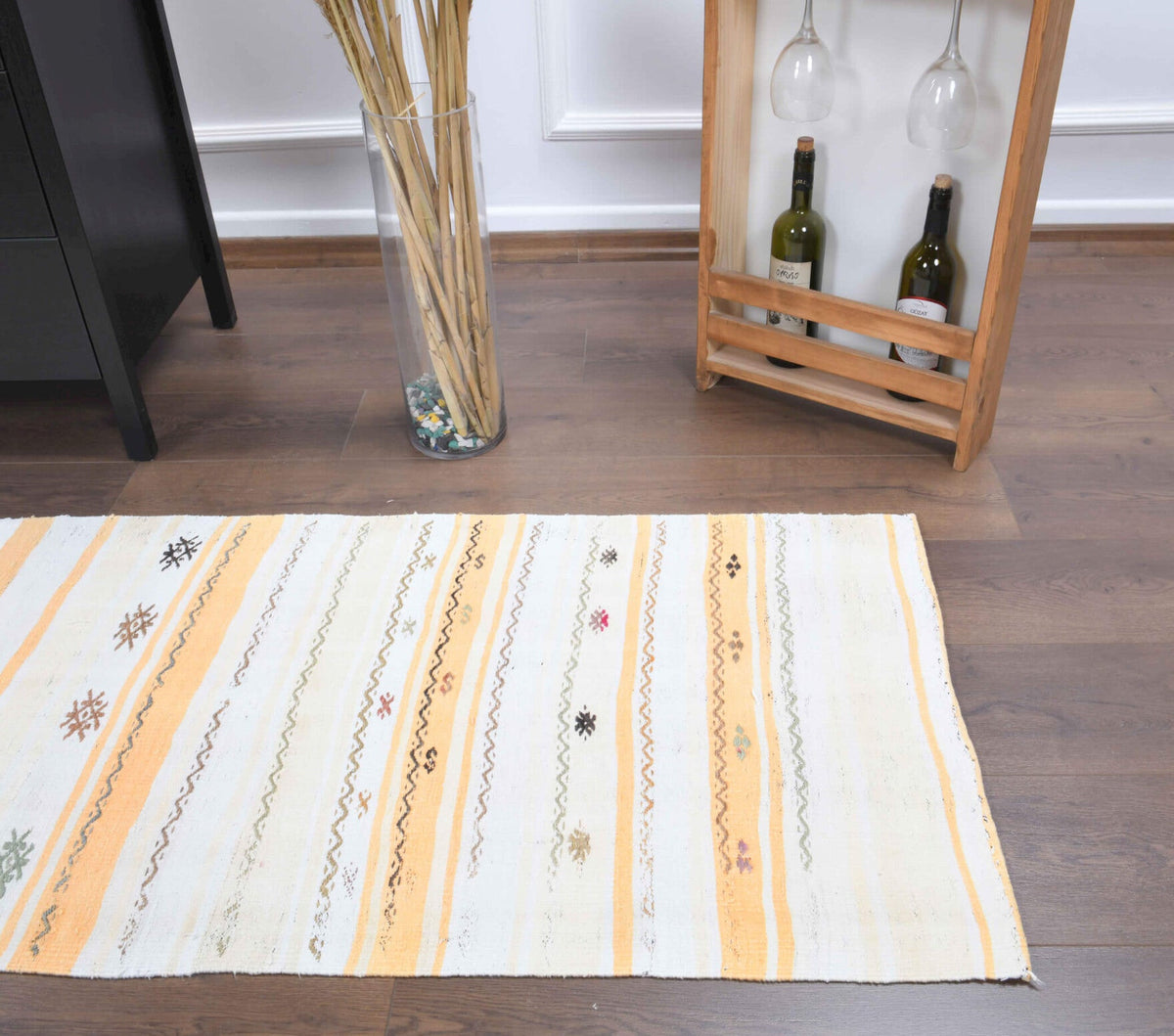 El yapımı vintage yolluk 66x254 cm çizgili desenli yün - açık alan görünümü