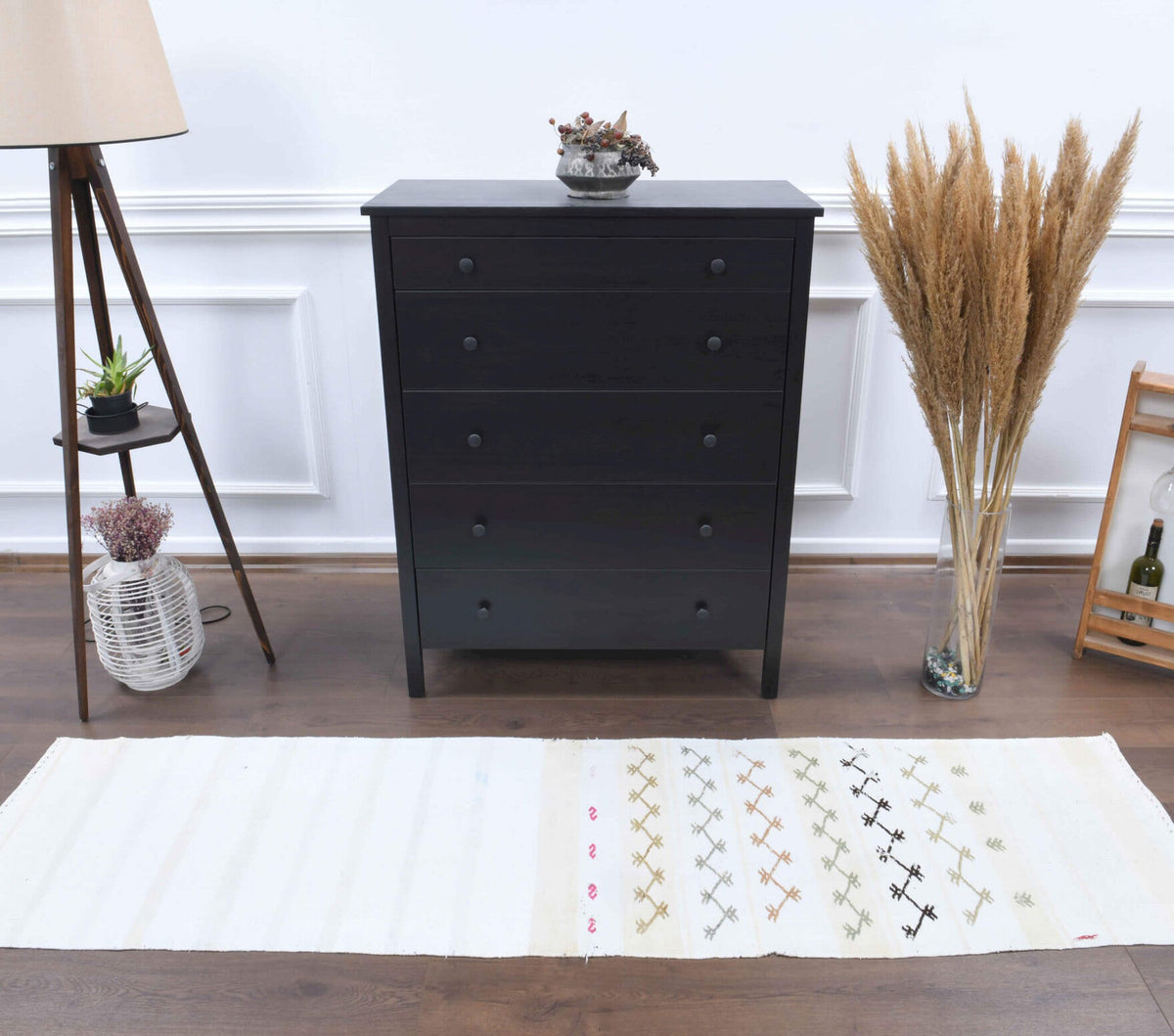 El yapımı vintage yolluk 61x234 cm kilim desenli yün - yakın çekim doku detayı