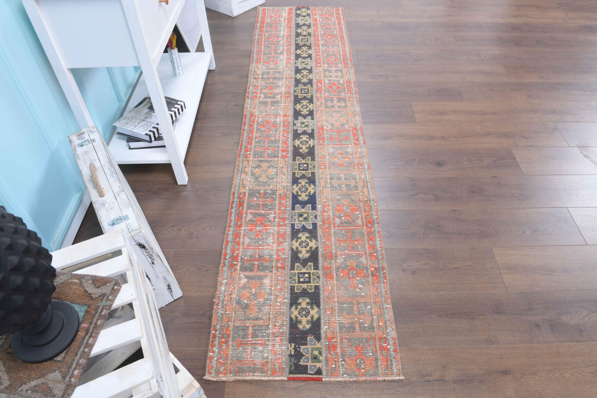 El yapımı vintage yolluk 61x262 cm i̇kat desenli yün - yakın çekim doku detayı