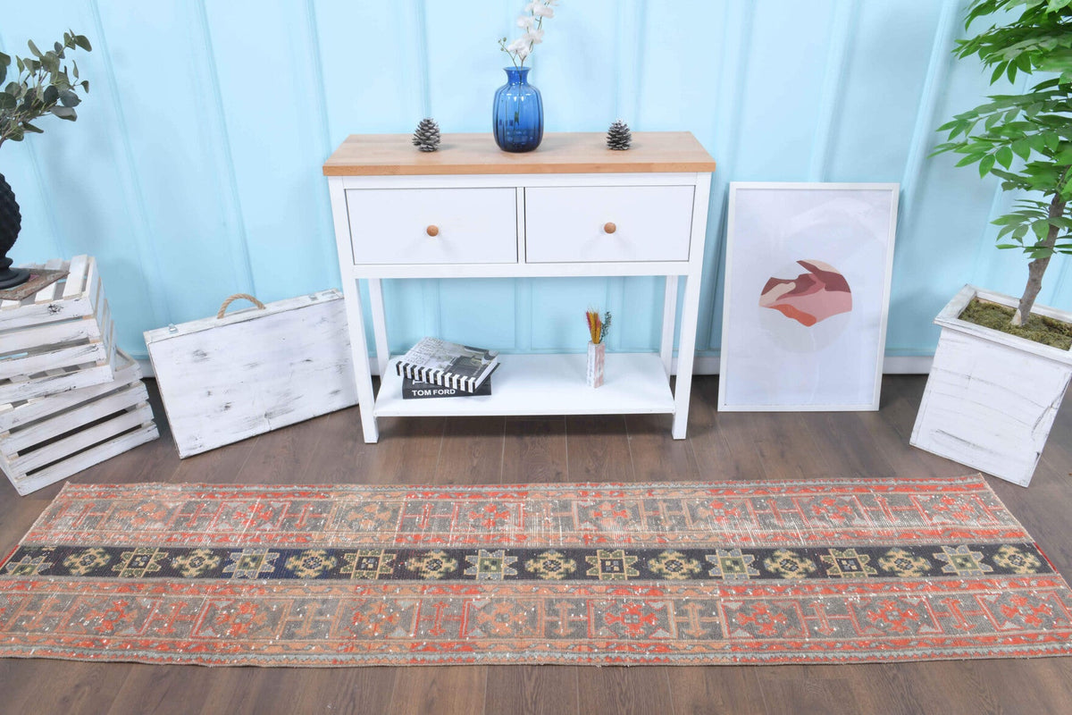 El yapımı vintage yolluk 61x262 cm i̇kat desenli yün - detay görünümü