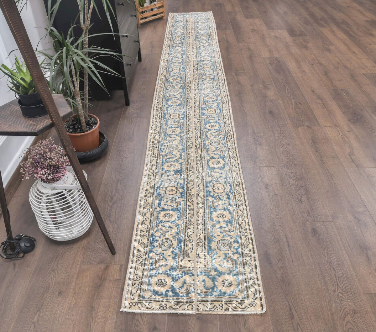 El yapımı vintage yolluk 48x259 cm tribal desenli yün - yakın çekim doku detayı