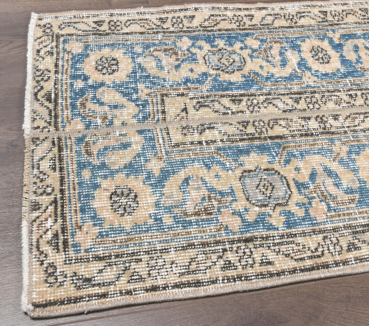 El yapımı vintage yolluk 48x259 cm tribal desenli yün - kenar ve saçak detayı