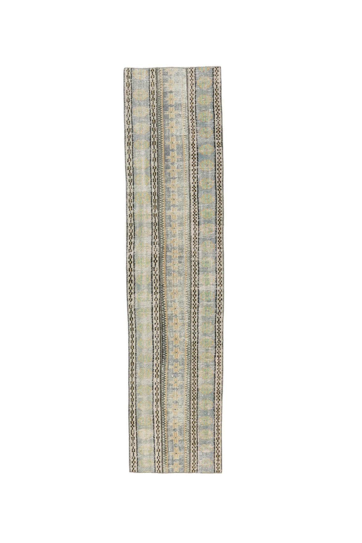 El yapımı vintage yolluk 66x284 cm i̇kat desenli yün - ışık altında renk detayı