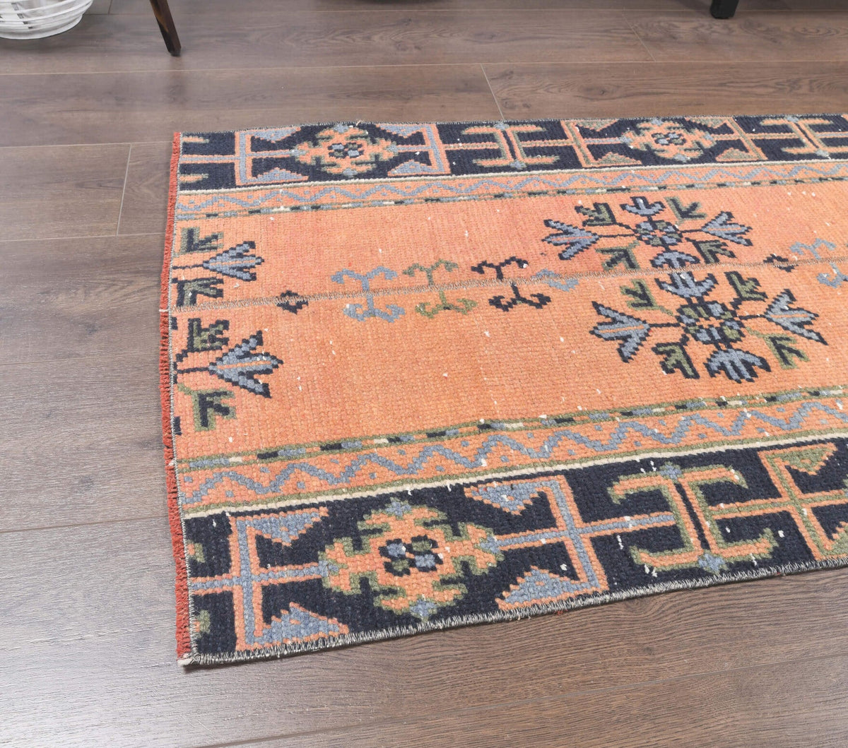 El yapımı vintage yolluk 71x279 cm dikişli desenli yün - yakın çekim doku detayı