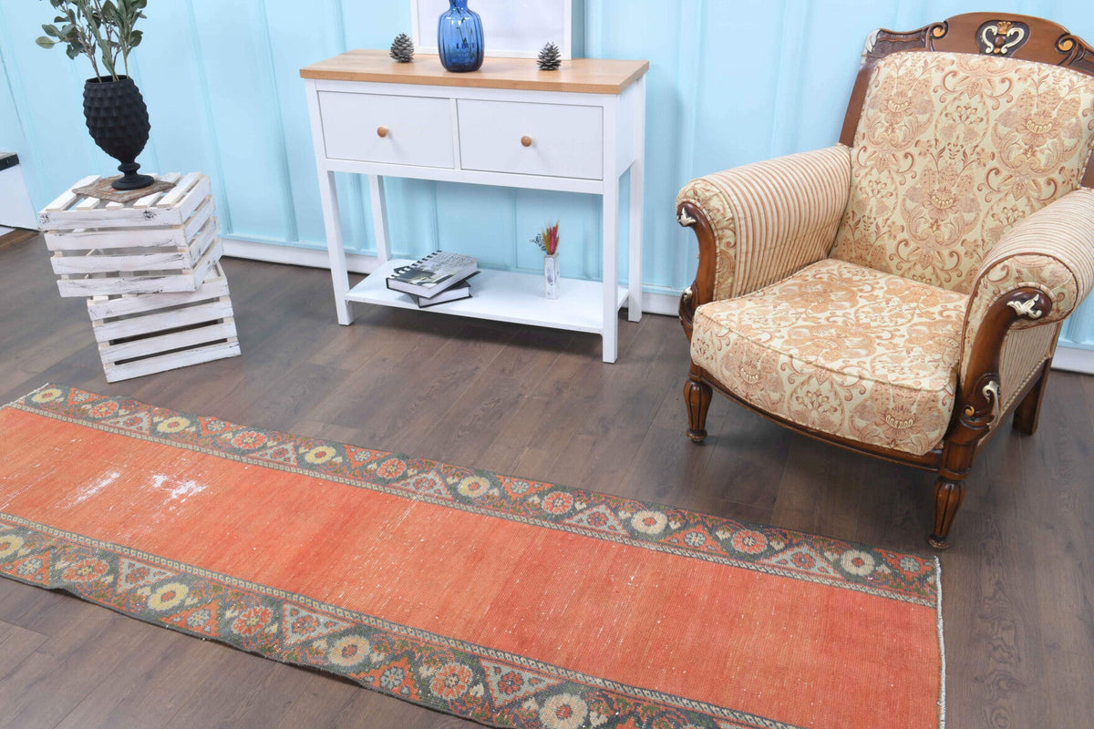 El yapımı vintage yolluk 74x259 cm bordürlü desenli yün - kenar ve saçak detayı