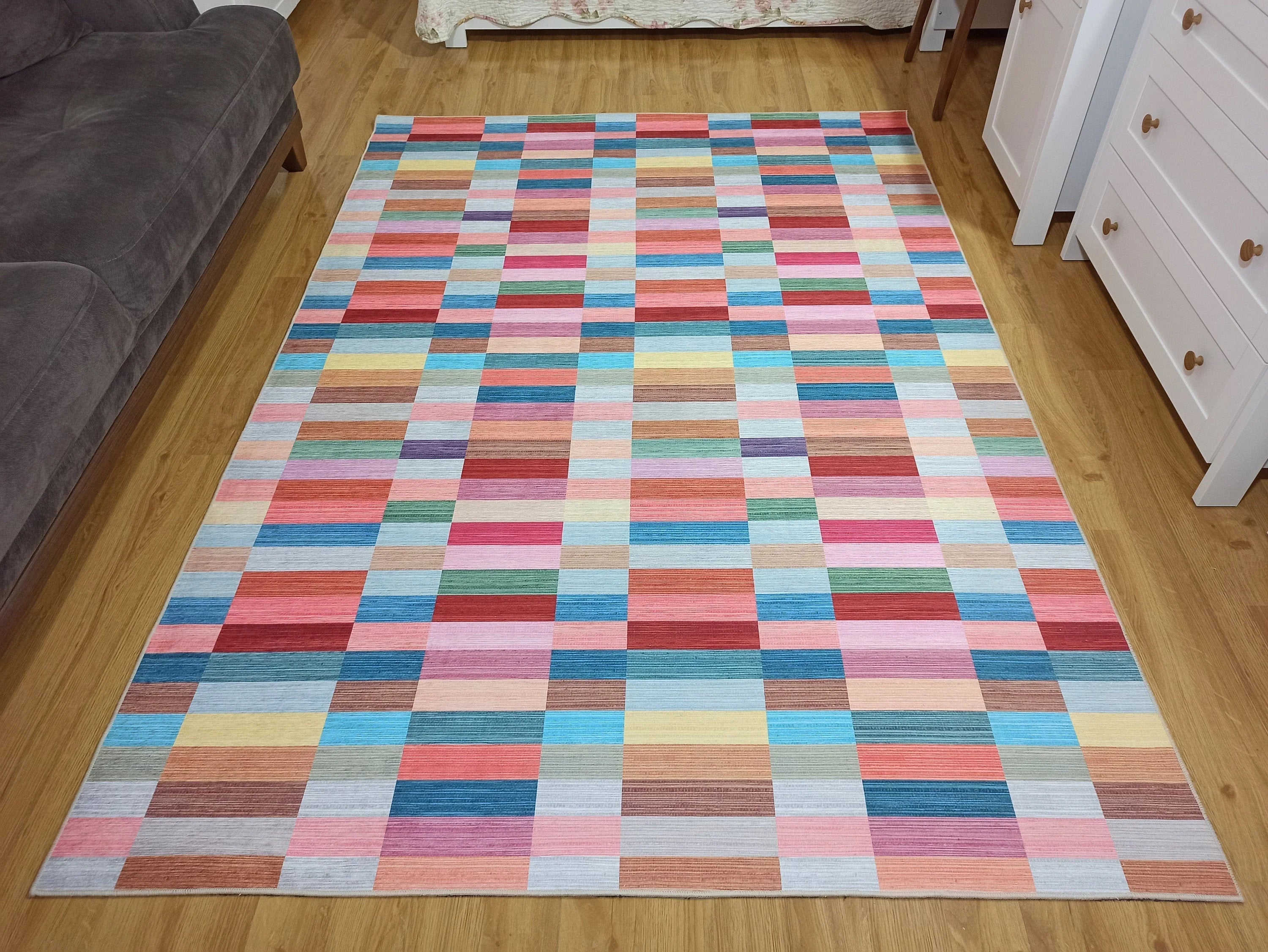 Modern Renkli Blok Desenli Geometrik Halı - OUTLET - 12439OU