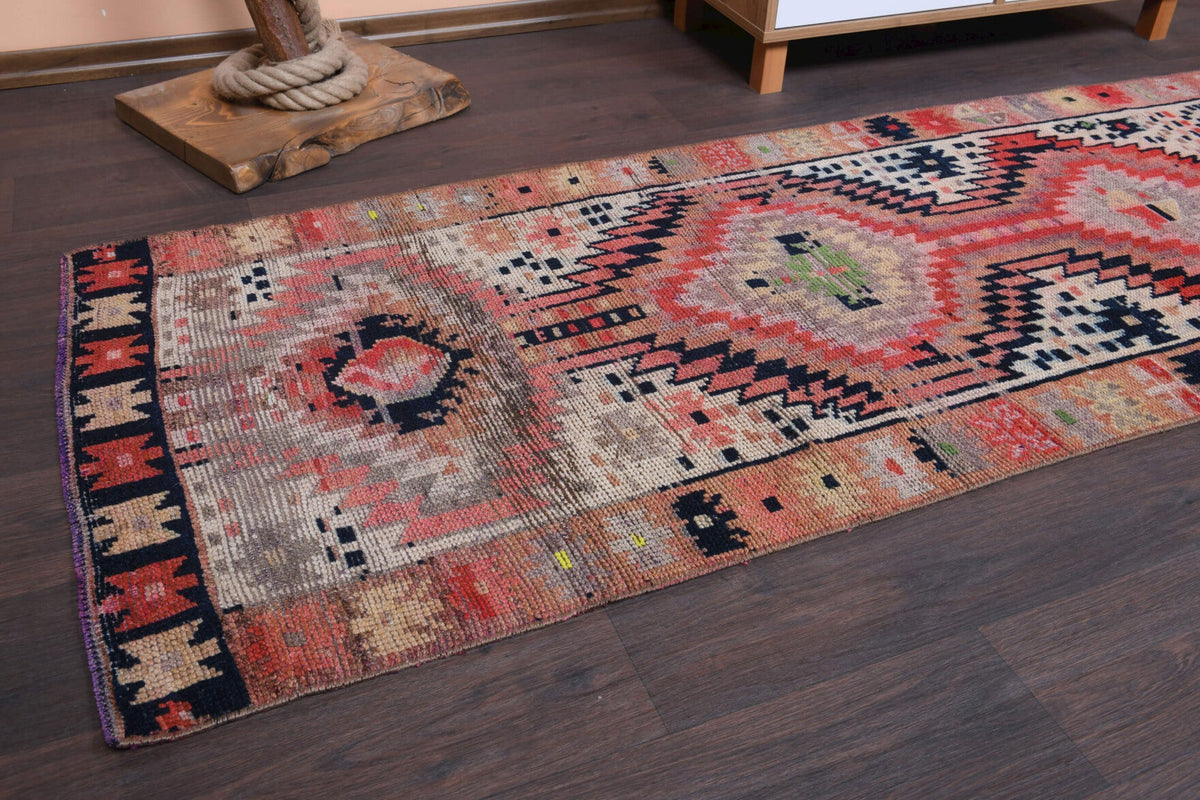 El yapımı vintage yolluk 81x315 cm oryantal desenli yün - kenar ve saçak detayı