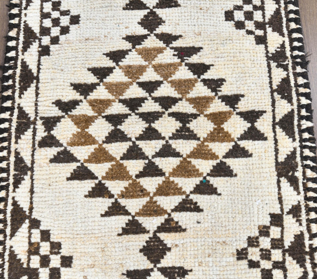 El yapımı vintage yolluk 79x318 cm geometrik desenli yün - kenar ve saçak detayı