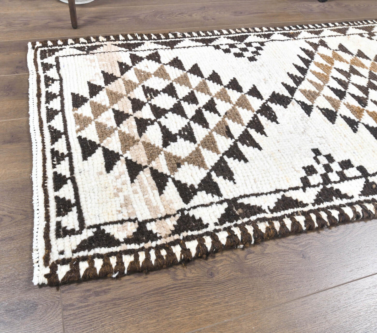El yapımı vintage yolluk 79x318 cm geometrik desenli yün - üstten görünüm