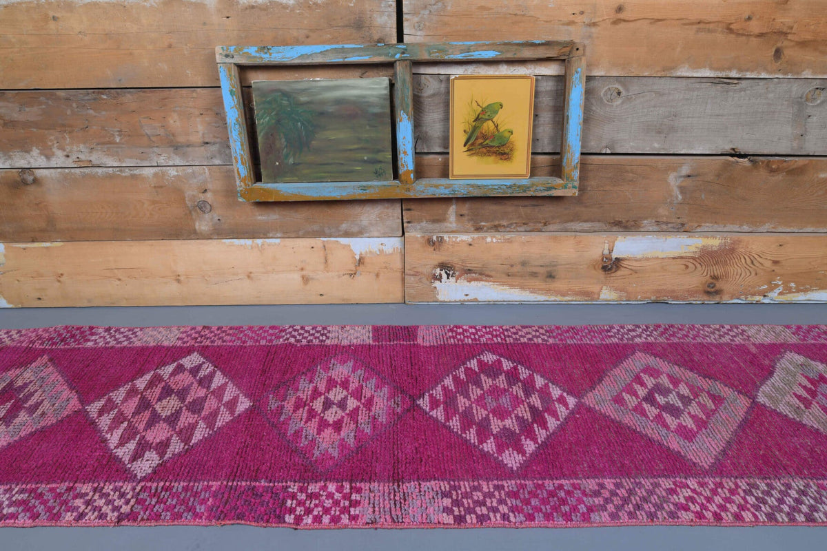 El yapımı vintage yolluk 79x302 cm geometrik desenli yün - yakın çekim doku detayı