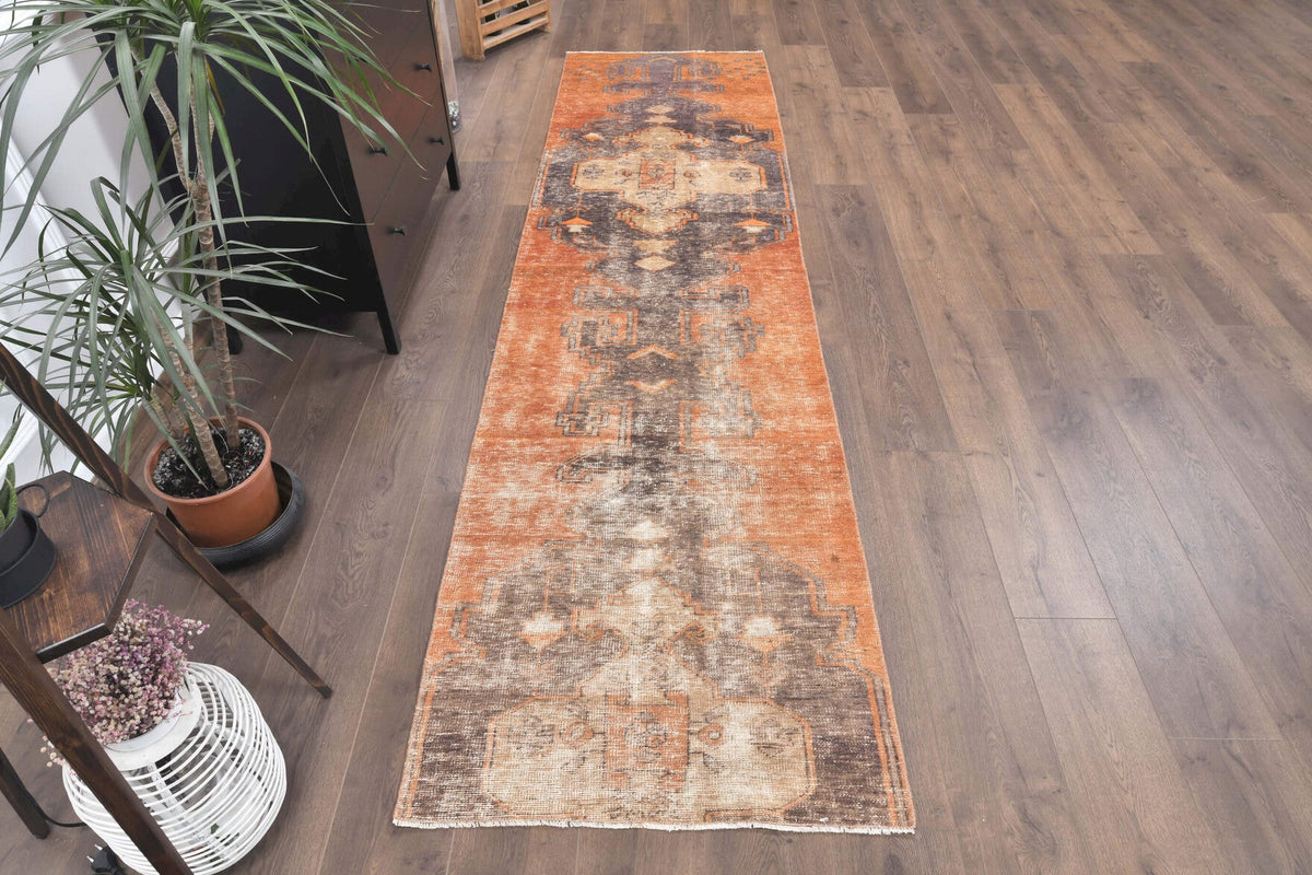 El yapımı vintage yolluk 79x315 cm geleneksel desenli yün - yakın çekim doku detayı