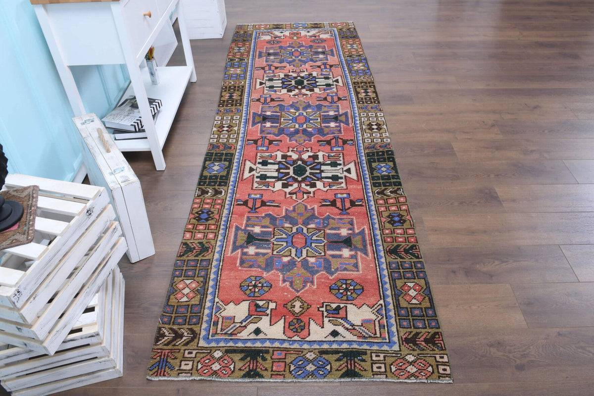 El yapımı vintage yolluk 97x305 cm oryantal desenli yün - yakın çekim doku detayı