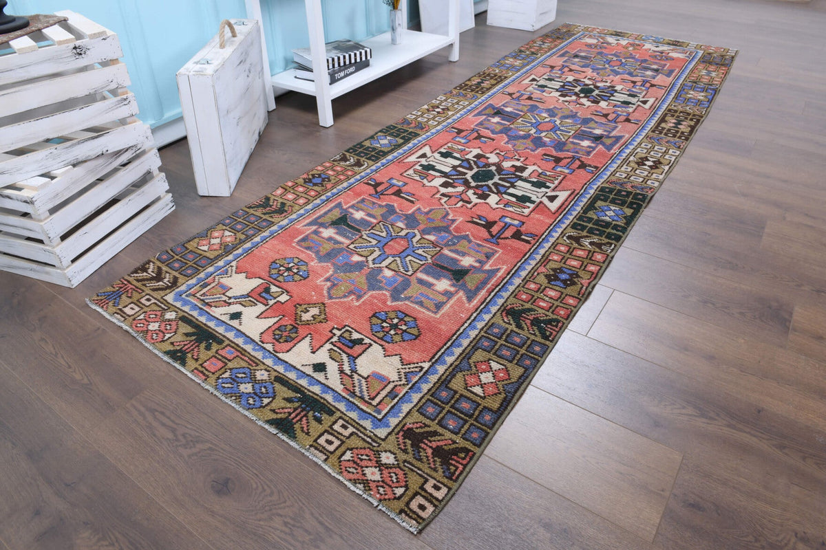 El yapımı vintage yolluk 97x305 cm oryantal desenli yün - kenar ve saçak detayı