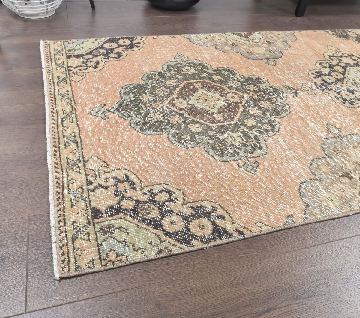 El yapımı vintage yolluk 91x305 cm oryantal desenli yün - kenar ve saçak detayı