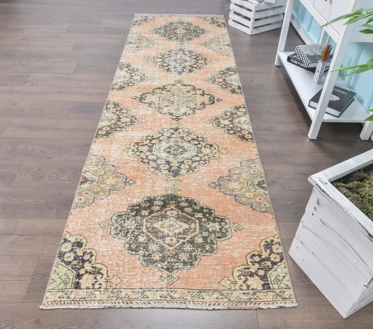 El yapımı vintage yolluk 91x305 cm oryantal desenli yün - üstten görünüm