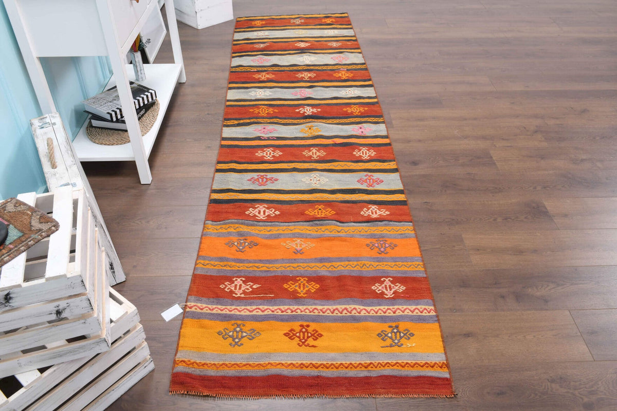 El yapımı vintage yolluk 79x300 cm çizgili desenli yün - üstten görünüm