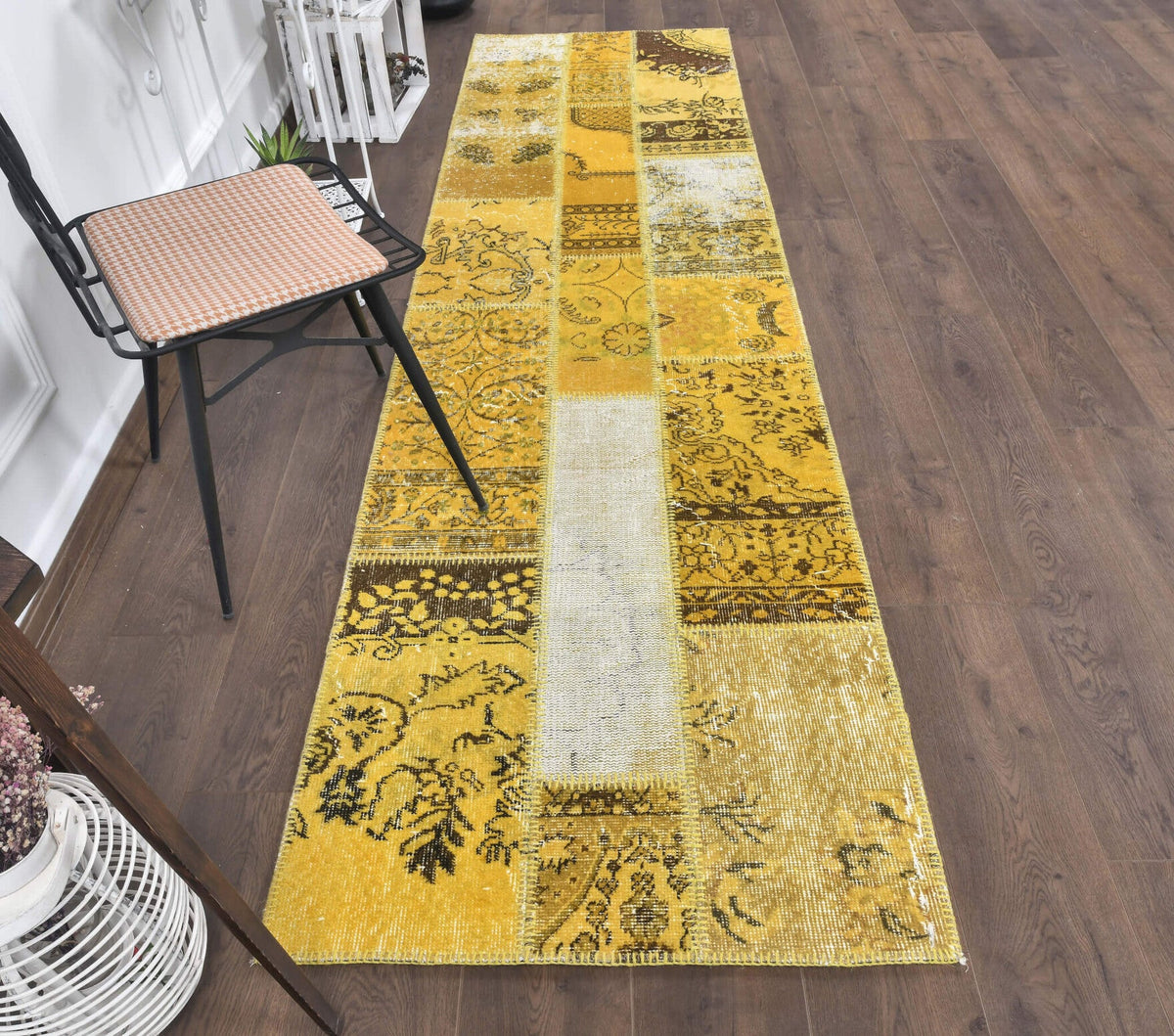El yapımı vintage yolluk 79x300 cm oryantal desenli yün - yakın çekim doku detayı