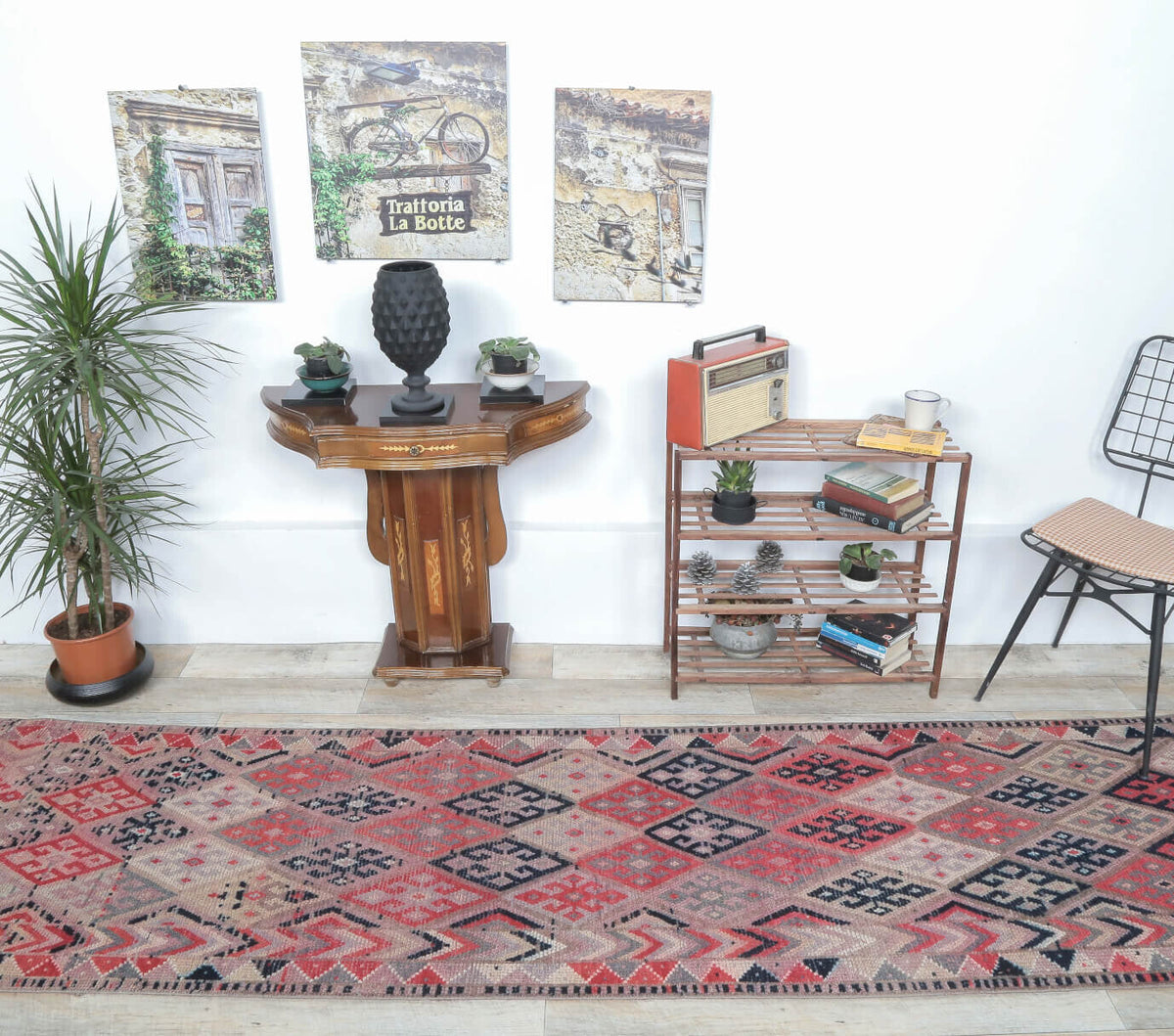 El yapımı vintage yolluk 89x310 cm geometrik desenli yün - detay görünümü