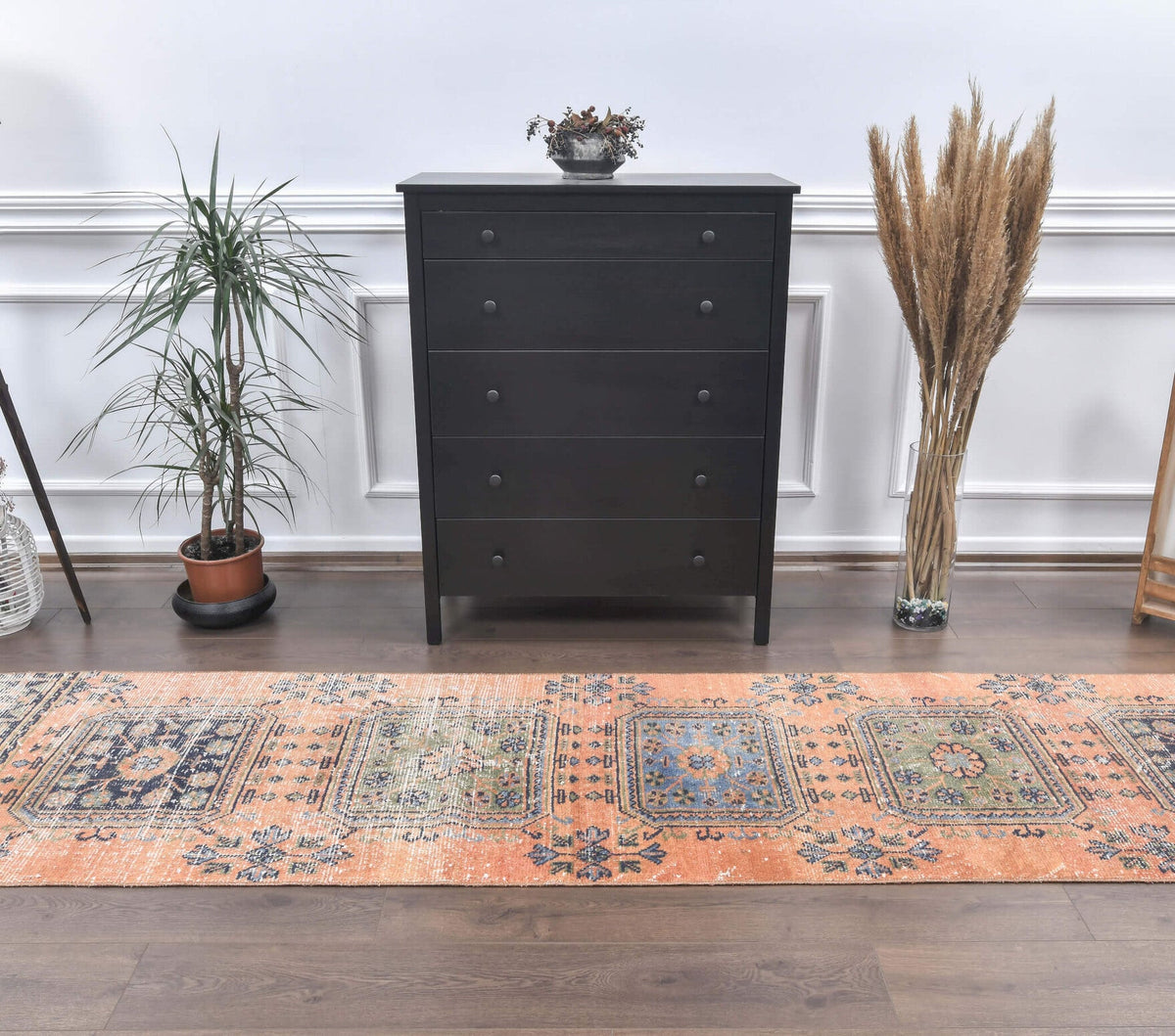 El yapımı vintage yolluk 79x292 cm çiçek desenli desenli yün - detay görünümü