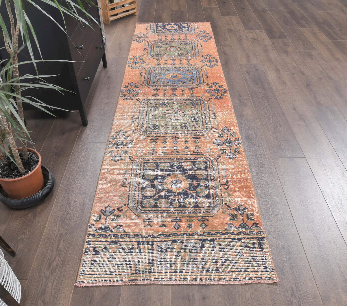El yapımı vintage yolluk 79x292 cm çiçek desenli desenli yün - yakın çekim doku detayı