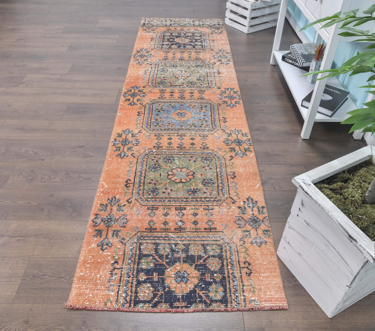 El yapımı vintage yolluk 79x292 cm çiçek desenli desenli yün - üstten görünüm