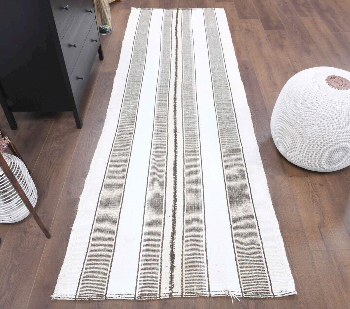 El yapımı vintage yolluk 94x290 cm kilim desenli yün - detay görünümü